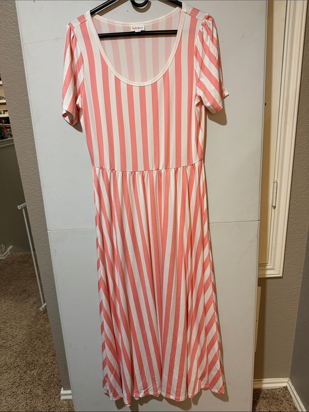 LuLaRoe Riley Pink and White Striped Maxi Dress